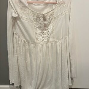 Free people- Cream Long Sleeve Blouse with Bib Collar and Lace Detail